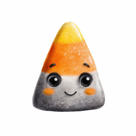 Adorable candy corn character with big expressive eyes and a cheerful smile, perfect for autumn-themed design and playful illustrations.の写真素材