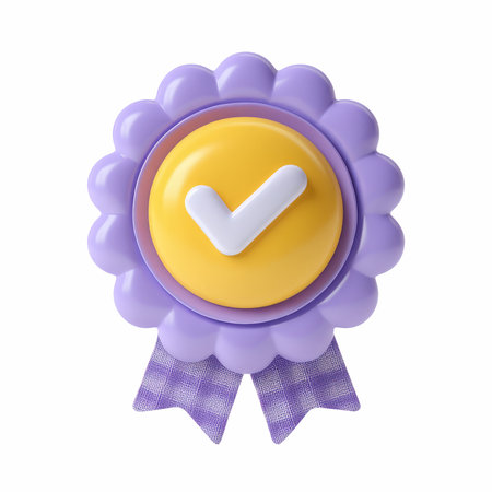 A stylish purple scalloped badge featuring a vibrant yellow center and a white checkmark, perfect...