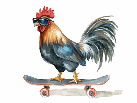Watercolor rooster on skateboard. Hand drawn illustration isolated on white backgroundの写真素材