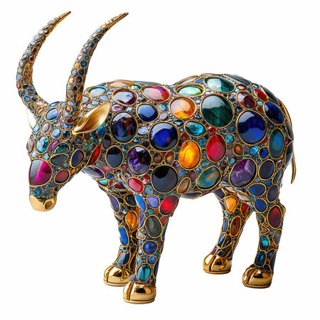 Golden bull with multicolored glass mosaic. Isolated on white background.の写真素材