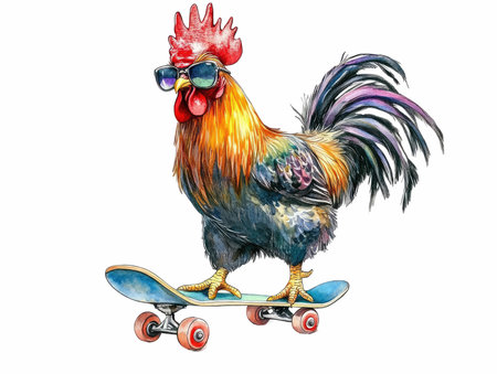rooster with skateboard, watercolor illustration, isolated on white backgroundの写真素材