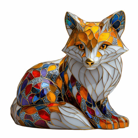 Illustration in stained glass style with a red fox on a white backgroundの写真素材