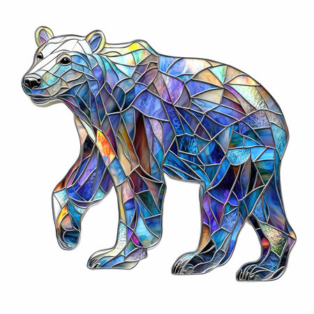 Illustration in stained glass style with a polar bear on a white backgroundの写真素材