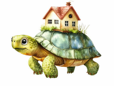 Watercolor illustration of a tortoise with a house on a white backgroundの写真素材