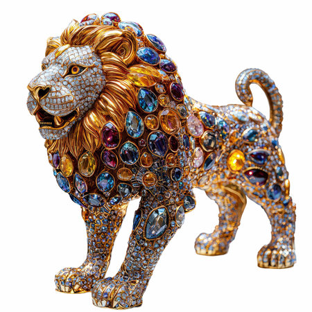 lion statue with precious stones isolated on white background, clipping path included