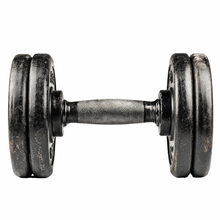 Old black dumbbell isolated on white background with clipping path. Close up.の写真素材