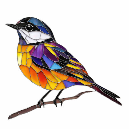 Colorful stained glass bird isolated on white background with clipping path.の写真素材