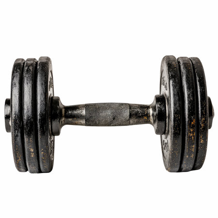 Old rusty dumbbell isolated on white background, clipping path included.の写真素材