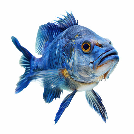 closeup of a blue fish isolated on white background with clipping path