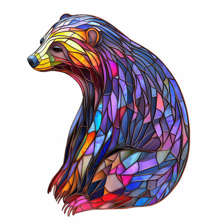 Abstract illustration in stained glass style with a bear on a white backgroundの写真素材
