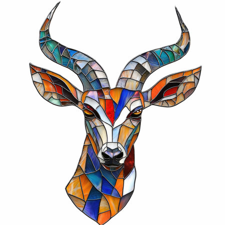 Illustration in stained glass style with a deer head on a white backgroundの写真素材