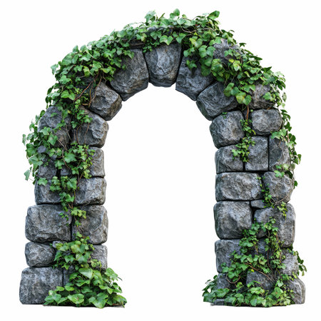 Stone arch with green ivy isolated on white background with clipping pathの写真素材