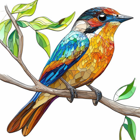 Colorful bird sitting on a branch. Hand drawn vector illustration.の写真素材