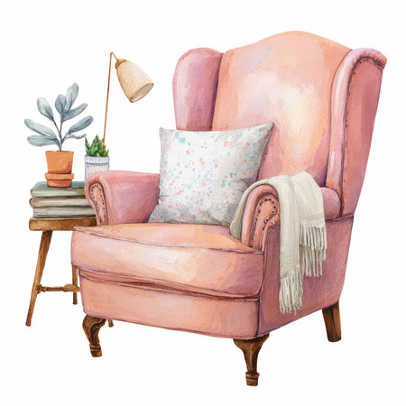 Explore a charming watercolor illustration of a cozy pastel pink armchair with a soft pillow, a small table, and potted plants, perfect for warm home decor.の写真素材