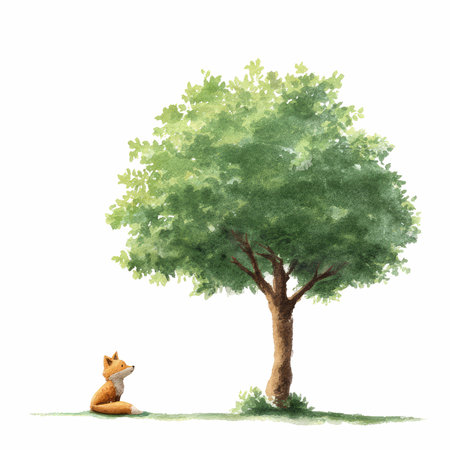 This charming watercolor illustration features an adorable little fox sitting peacefully beside a lush green tree, creating a tranquil outdoor scene.の写真素材