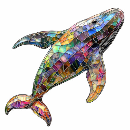 Illustration in stained glass style with a dolphin on a white backgroundの写真素材