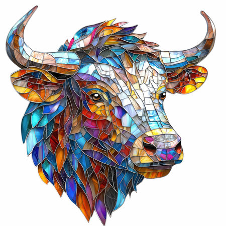 Colorful abstract portrait of a bull in stained glass style on a white backgroundの写真素材