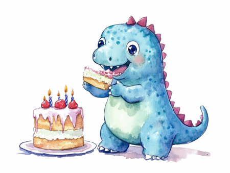 Cute dinosaur with cake. Watercolor illustration on white background.の写真素材