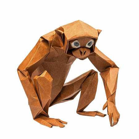 3D rendering of a brown origami monkey isolated on white backgroundの写真素材