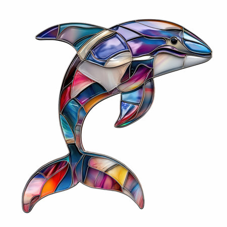 Illustration of a stained glass dolphin isolated on a white background.の写真素材
