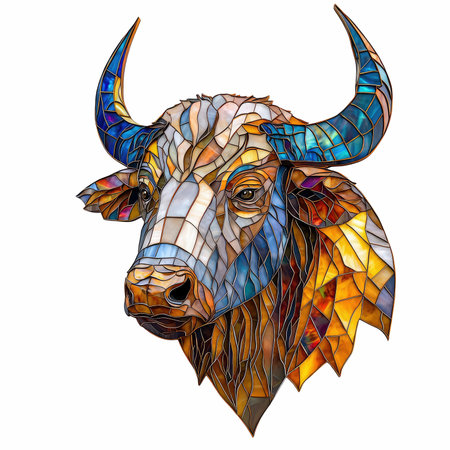 Illustration of a stained glass bull head on a white background.の写真素材