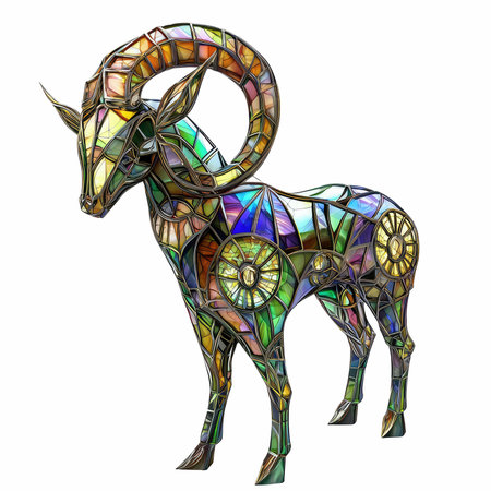 Illustration in stained glass style with a ram on a white backgroundの写真素材