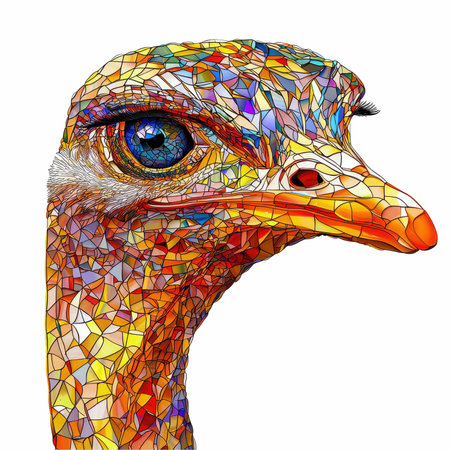 Illustration in stained glass style of the head of an ostrich on a white background