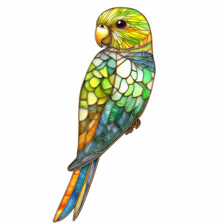 Illustration in stained glass style of a parrot on a white backgroundの写真素材