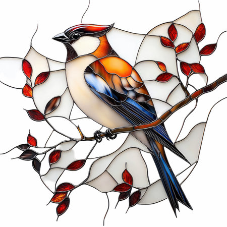 The waxwing on a branch of a tree in stained glass styleの写真素材