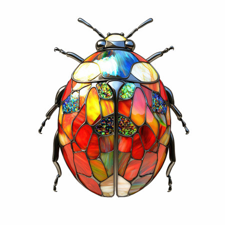3d render of ladybird in stained glass window isolated on white backgroundの写真素材