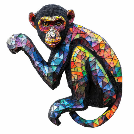 Colorful stained glass monkey isolated on white background with clipping path.の写真素材