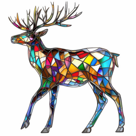 Illustration in stained glass style with a deer on a white backgroundの写真素材