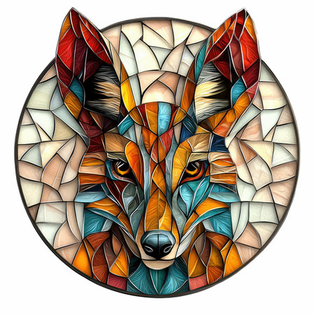 Illustration in stained glass style with a head of a wild fox on a white backgroundの写真素材