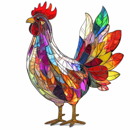Illustration in stained glass style with abstract rooster, isolated on white backgroundの写真素材