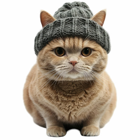 Cute cat wearing knitted hat on white background, closeupの写真素材