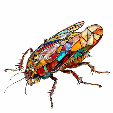 Illustration of a cockroach in a stained glass window on a white background