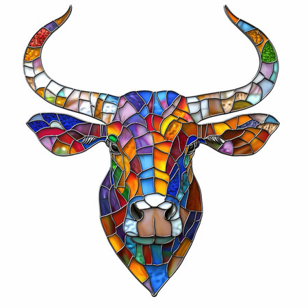 Illustration in stained glass style with a bull head on a white backgroundの写真素材