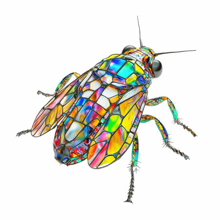 3D digital render of a colorful glass bug isolated on white backgroundの写真素材