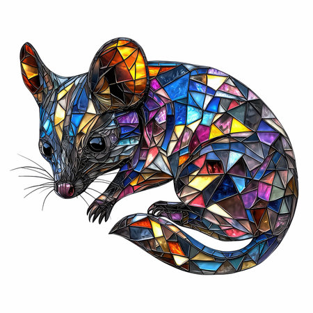 The illustration in stained glass style with a cute rat on a white backgroundの写真素材