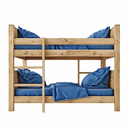Wooden twin bunk bed with blue linen isolated on white background. 3d render