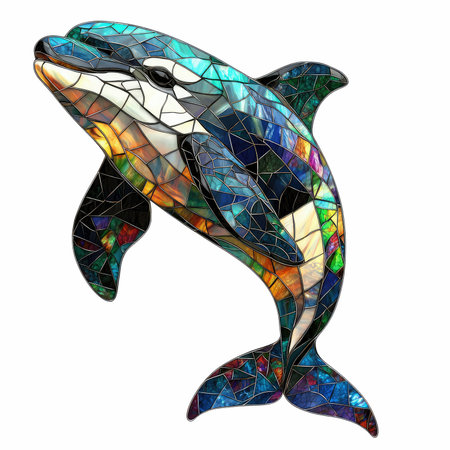 Stained glass dolphin isolated on white background. 3D illustration.の写真素材