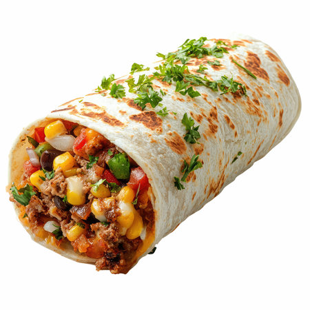 Mexican burrito with meat, vegetables and herbs isolated on white backgroundの写真素材