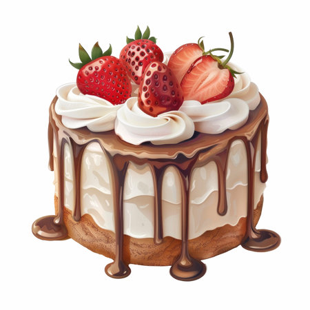 Cake with whipped cream, strawberries and chocolate. Vector illustration.の写真素材