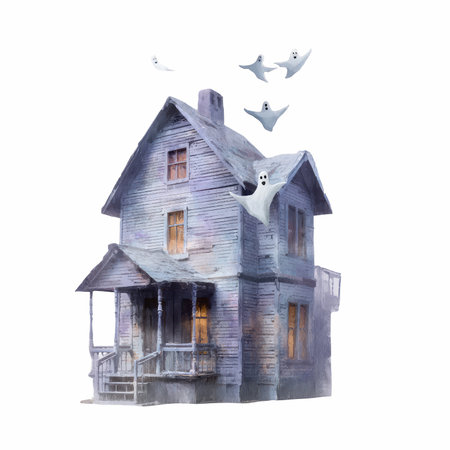 Discover a magical haunted house enveloped in twilight, featuring friendly ghosts flying above for an enchanting and whimsical atmosphere.の写真素材