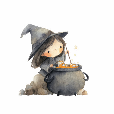 A charming illustration of a young witch stirring a bubbling cauldron filled with orange potion, surrounded by sparkling stars.の写真素材