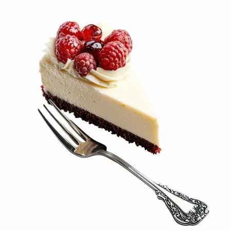 Piece of raspberry cheesecake on a fork isolated on white background