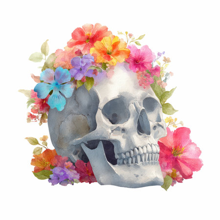This stunning artwork features a skull beautifully adorned with an array of colorful flowers, blending themes of life and death in a vibrant visual display.の写真素材