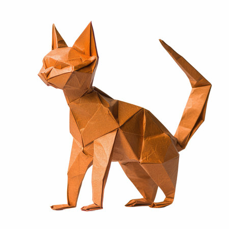 Origami cat made of paper isolated on white background. Clipping path included.の写真素材