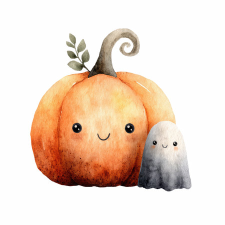 This charming watercolor illustration features a cute small pumpkin with a smiling face, accompanied by a playful happy ghost, perfect for seasonal decor.の写真素材