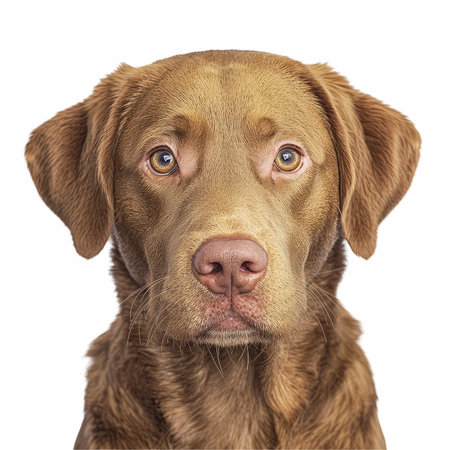 Close-up of a Labrador Retriever looking at the camera, isolated on whiteの写真素材